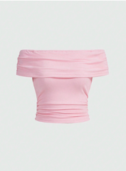 Solid Color Off-Shoulder Ruffle Slim Fit Top