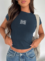 Short Sleeve Casual T-Shirt With Letter Print Round Neck