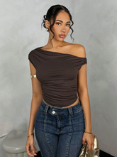 Solid Color Pleated Asymmetrical Top