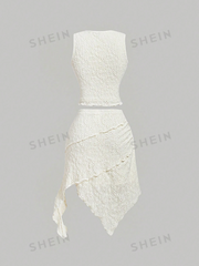 Knitted Jacquard Women's Round Neck Top And Asymmetric Pink Women's Skirt Set