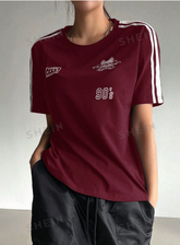 Short Sleeve Casual T-Shirt With Motorcycle Style Letter Print And Striped Decoration