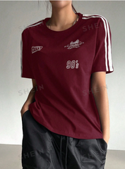 Short Sleeve Casual T-Shirt With Motorcycle Style Letter Print And Striped Decoration