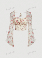 Floral Print Tie Front Flounce Sleeve Ruched Bust Crop Tee