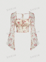 Floral Print Tie Front Flounce Sleeve Ruched Bust Crop Tee