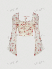 Floral Print Tie Front Flounce Sleeve Ruched Bust Crop Tee