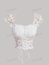 Knitted Floral Print Tie Strap Ruffled Top