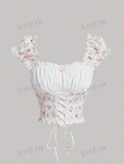 Knitted Floral Print Tie Strap Ruffled Top