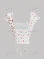Knitted Floral Print Tie Strap Ruffled Top