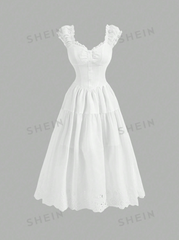 Frill Trim Ruched Shoulder Dress