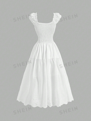 Frill Trim Ruched Shoulder Dress