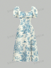 Plant Printed Bubble Sleeve Waist Cinched Dress