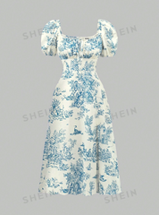 Plant Printed Bubble Sleeve Waist Cinched Dress