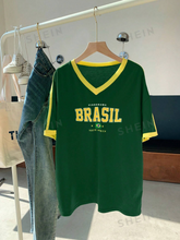Brazil Print V-Neck Contrast Color Raglan Sleeve Short Sleeve T-Shirt