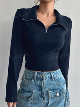 Solid Half Zip Crop Tee