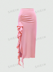 Solid Color Pleated Skirt With Ruffles And Trim Decoration