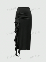 Solid Color Pleated Skirt With Ruffles And Trim Decoration