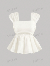 Wide Shoulder Straps Broken Pleated Organza Strapless Top With Ruffle Hem