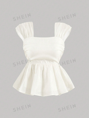 Wide Shoulder Straps Broken Pleated Organza Strapless Top With Ruffle Hem