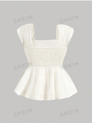 Wide Shoulder Straps Broken Pleated Organza Strapless Top With Ruffle Hem