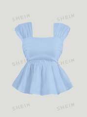 Wide Shoulder Straps Broken Pleated Organza Strapless Top With Ruffle Hem