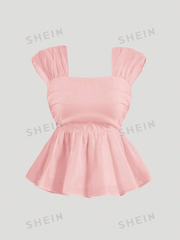 Wide Shoulder Straps Broken Pleated Organza Strapless Top With Ruffle Hem