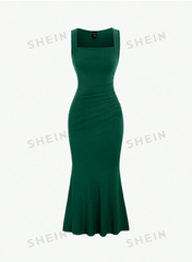 Square Neck Pleated Sleeveless Dress