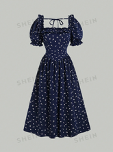 Floral Printed Square Neckline Balloon Sleeve Dress