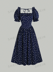Floral Printed Square Neckline Balloon Sleeve Dress