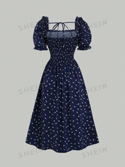 Floral Printed Square Neckline Balloon Sleeve Dress