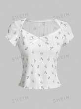 Floral Lace Up Short Sleeve T-Shirt With Lace Trims