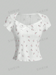 Floral Lace Up Short Sleeve T-Shirt With Lace Trims