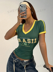 V-Neck Short Sleeve Printed Tee