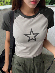 Star Print Raglan Sleeve Crop Tee