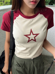 Star Print Raglan Sleeve Crop Tee