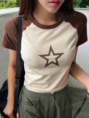 Star Print Raglan Sleeve Crop Tee
