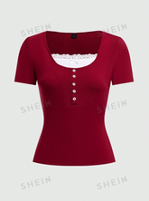 2-In-1 Lace Decorated T-Shirt With Button Placket