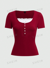 2-In-1 Lace Decorated T-Shirt With Button Placket