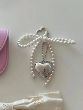 1pc Pearl Bow Metal Silver Heart Pendant