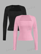 2pcs/Set Women's Casual Slim Fit Long Sleeve Tees