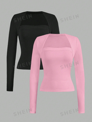 2pcs/Set Women's Casual Slim Fit Long Sleeve Tees