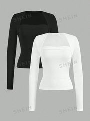 2pcs/Set Women's Casual Slim Fit Long Sleeve Tees