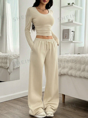 2pcs Women' S Casual Plain Ruched Round Neck Cropped T-Shirt And Wide Leg Drawstring Waist Pants Set