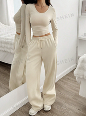 2pcs Women' S Casual Plain Ruched Round Neck Cropped T-Shirt And Wide Leg Drawstring Waist Pants Set