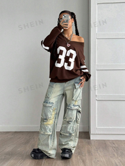 Color Block Number Print Sweatshirt