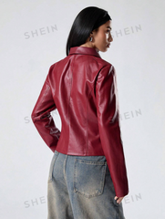 Solid Color Long Sleeve PU Leather Casual Zipper Jacket