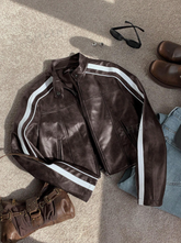 Striped Long Sleeve Casual Brown Faux Leather Motorcycle Cropped Jacket