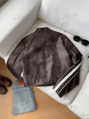Striped Long Sleeve Casual Brown Faux Leather Motorcycle Cropped Jacket