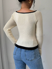 Crew Neck Contrast Trim Long Sleeve Sweater