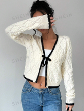 Argyle Textured Contrast Trim Long Sleeve Knit Cardigan