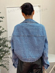 Drop Shoulder Open Front Crop Denim Jacket